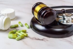 Wooden judge's hammer next to a pack of pills and a stethoscope on a table. Right to ensure access to medical care.